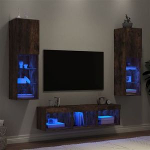 VidaXL Unités Murales TV avec LED 5 pcs, Armoires de Télévision Suspendues, Meubles Télé de Salon, Moderne, Chêne Fumé Bois d'Ingénierie