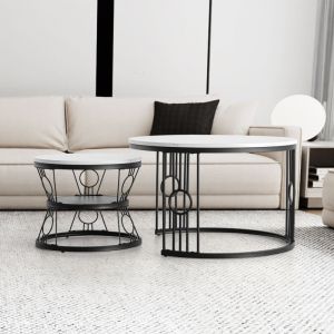 Wishdor - Table basse gigogne ronde, lot de 2, table basse gigogne blanche, pieds en métal noir