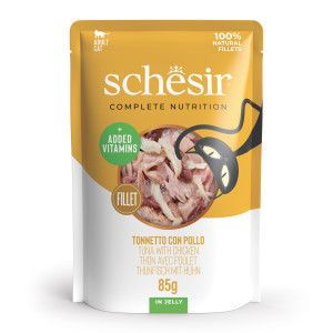 Schesir Ton avec Poulet en gelée, Nourriture Humide complète pour Chats, en enveloppe, ingrédients 100% naturels, sans cruauté 12 x 85 g