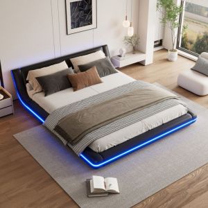 Modernluxe - Lit adulte 160x200cm avec led - en cuir pu - Noir