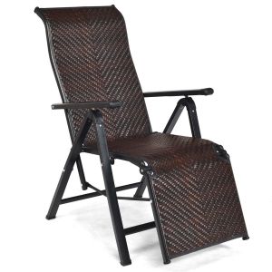 Chaise longue pliable en rotin Coast - marron - 151,5 x 59 x 75 cm - pieds réglables et structure en acier