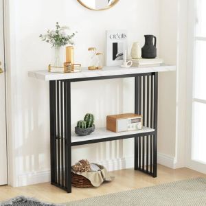 Table Console Marbre à 2 Niveaux Scandinave, Meuble d'Entrée Doré Cadre en Métal, Console Meuble pour Entrée, Salon, Chambre, Noir+Blanc marbre