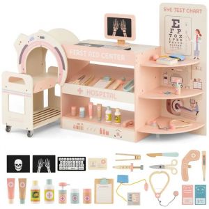 Jeux d'imitation Docteur COSTWAY 20 Accessoires, Doctor Kit pour Enfants 3-6 Ans,Pretend Medical Station Rose