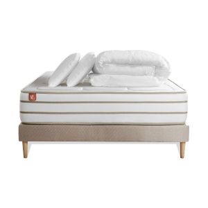 Pack prêt à dormir matelas LE DOUILLET 140x190cm Mémoire de forme BioVisco + sommier kit Beige + 2 oreillers + couette