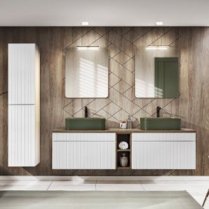 Ensemble meuble double vasque 180cm 2 niches et colonne Zelie Blanc Bois et Vert