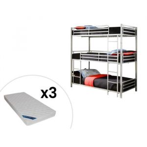 Image de Lits superposés triple 3 x 90 x 190 cm Métal Argent + matelas ELOUAN III