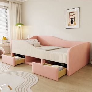 Lit enfant rembourr&eacute; 90 x 190 cm - Avec 2 tiroirs - Avec sommier &agrave; lattes - Rose (matelas non inclus)
