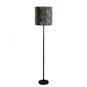 Qazqa Lampadaire noir avec abat-jour en velours motif feuilles et intérieur doré - Simplo