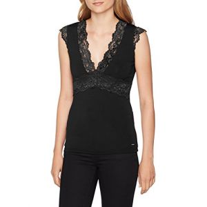 Morgan Col V dentelle DTEL T-Shirt Femme, Noir, XS