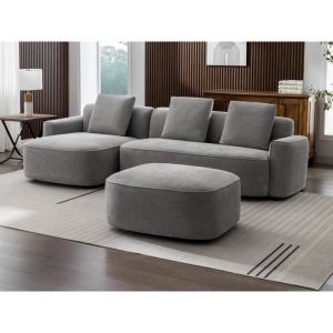 Canapé d'angle gauche et pouf en tissu texturé gris POMIANGO