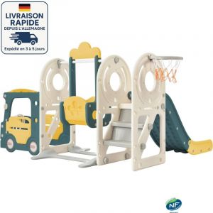 Toboggan 5 en 1 pour enfants avec balan&ccedil;oire et panier de basket, mobilier de jardin int&eacute;rieur/ext&eacute;rieur, PEHD vert, 182 x 172 x 115 cm