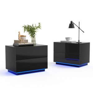 Lot de 2 Table de Chevet avec LED, 60L x 39P x 40H cm, Chevet de Lit avec 2 Tiroirs, Table d'Appoint Pour Chambre/Salon, Noir, Mondeer