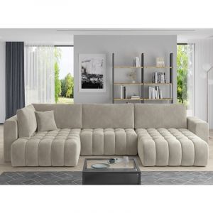 LesTendances Canapé panoramique convertible design capitonné velours beige méridienne droite Boston 350 cm