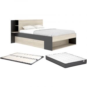 Image de Lit 140 x 190 cm avec rangements - Coloris : Naturel et noir + Sommier + Matelas - kerosia