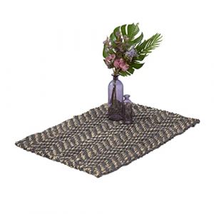 Relaxdays Tapis en jute, tiss&eacute; main, fibres naturelles, 60 x 90 cm, pour l'entr&eacute;e, la chambre ou la cuisine, gris/beige