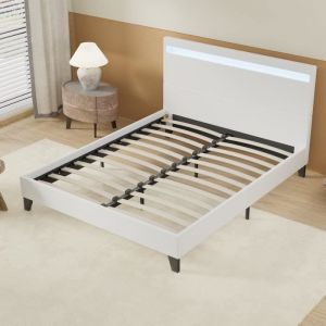 Lit 120x190cm simili cuir blanc avec tête de lit LED, sommier lattes en bois
