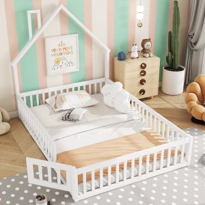 Lit cabane enfant 140 x 190 cm - Lit avec sommier &agrave; lattes - Bois massif - Blanc (sans matelas)