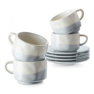 DOWAN Tasses à expresso en porcelaine de 90 ml avec soucoupes, ensemble de 4, bleu et blanc