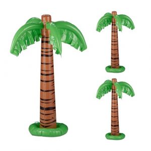Relaxdays Palmier Gonflable, Lot de 3, Accessoire de fête, Piscine & Plage, 80 cm de Haut, Plastique, Vert - Marron