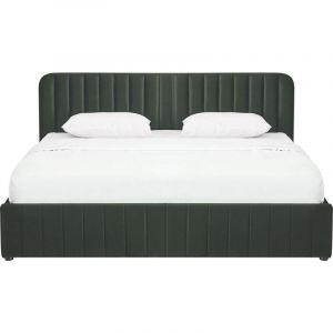 Lit coffre adulte 180x200 cm avec tête de lit capitonnée en velours vert kaki - Ava