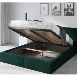 Lit coffre-Hilton-174x215 dim.matelas 160x200 cm- Sommier avec cadre en metal- Tête de lit tapissé- Sans matelas (vert)