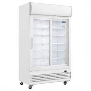 Polar Armoire r&eacute;frig&eacute;r&eacute;e 2 portes vitr&eacute;es coulissantes avec caisson lumineux S&eacute;rie G 950L
