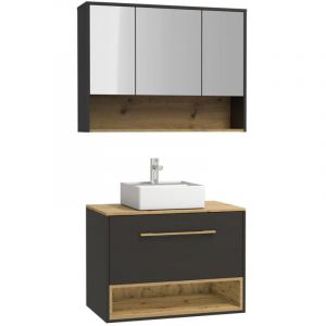 Meuble de salle de bain suspendu anthracite avec vasque à poser et armoire de toilette - 80 cm - YANGRA