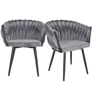 Meubletmoi - Lot de 2 chaises velours tressé gris anthracite pieds métal - bowi 2