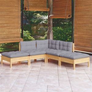 VidaXL Bois de Pin Massif Salon de Jardin 5 pcs avec Coussins Mobilier de Patio Meubles d'Ext&eacute;rieur Mobilier de Jardin Meubles de Terrasse Gris