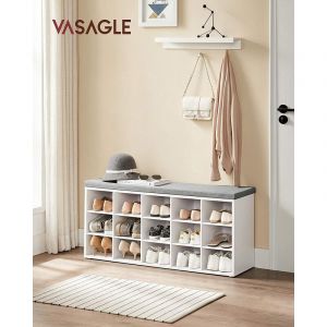 Songmics Vasagle Banc Chaussures, Meuble Chaussures Entrée, Banc Rangement avec 15 Compartiments, Siège Rembourré, Capacité de Charge 200 kg, Blanc et Gris