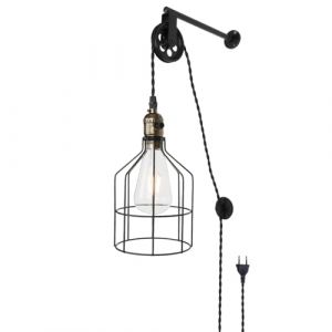 Alpinaluz Applique murale avec c&acirc;ble, prise et interrupteur, design vintage industriel avec cage et poulie hauteur r&eacute;glable, E27 m&eacute;tal noir