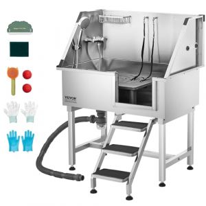 VEVOR Baignoire de Chien Acier Inoxydable, Baignoire de Toilettage pour Animaux de Compagnie 96 cm Station de Lavage Chat, avec Escalier &agrave; Droite, Robinet, Pommeau de Douche, Porte-savon, Porte Droite