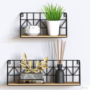Gadgy Supports muraux industriels - Lot de 2 - Support mural noir avec bois - Décoration murale salon - Décoration murale métal - Etagère murale flottante pour chambre - Support de livres - 30 et 45 cm