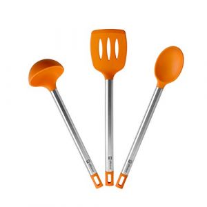 Bra Efficient | Lot de 3 ustensiles de cuisine 36,5 cm, spatule, cuill&egrave;re, casserole, acier INOXYDABLE, nylon et silicone