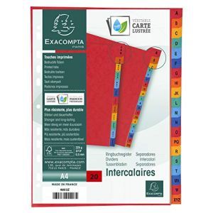 Exacompta Réf. 4803Z - Intercalaires en véritable carte lustrée souple 225g/m2 FSC avec 20 onglets imprimés alphabétiques de A à Z - Format à classer A4 - Couleurs assorties