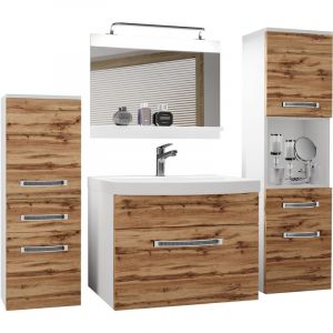 Belini - Meuble de Salle de Bain Lavabo Inclus, Meuble sous-Vasque, Miroir et 2X Cabinet Largeur: 140 cm Kit d'éclairage Inclus Couleur : chêne wotan