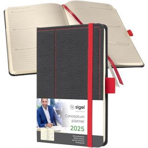 Sigel C2556 Agenda semainier 2025, motif rétro, A6, couverture rigide, gris, rouge - Conceptum