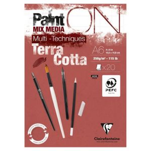 Clairefontaine 976151C Bloc Encollé PaintON Multi-techniques Terracotta A6 10,5x14,8 cm 250g - 20 Feuilles Papier Dessin Multi-techniques au Grain Légèrement Rugueux - Terracotta
