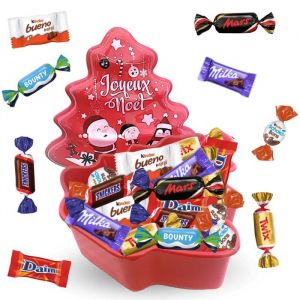 Boîte Sapin Rouge "Joyeux Noël" garnie de 80 chocolats Kinder, Daim, Milka & Célébrations | Idéal pour partager en famille