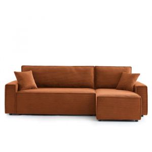 Canapé d'angle convertible en velours côtelé 4 places terracotta