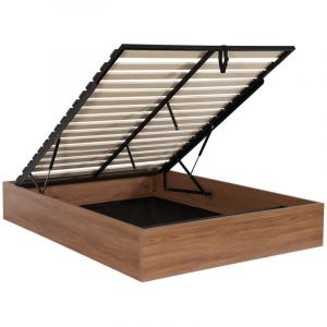 Lit coffre sommier &agrave; lattes 140x190cm d&eacute;cor bois noyer - Lift