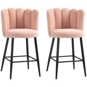 Homcom Lot de 2 tabourets de bar dossier tissu effet laine bouclée rose