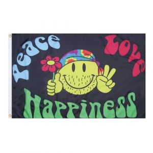 AZ FLAG - Drapeau Arc-en-Ciel Peace Love and Happiness - 90x60 cm - Drapeau Lgbt - Paix Amour Et Joie - Rainbow 100% Polyester Avec Oeillets M&eacute;talliques Int&eacute;gr&eacute;s - Pavillon 50 g