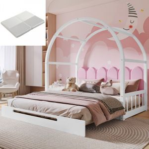 Lit extensible Lit enfant 140 x 100 cm et 140 x 200 cm, coussins en velours, en pin, blanc et rose, matelas éponge blanc inclus
