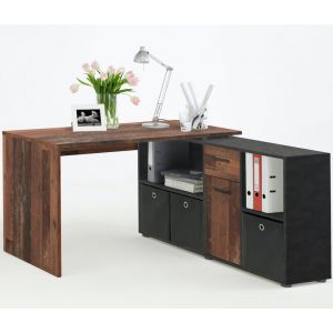 Image de Inside75 Bureau d'angle LARRY réversible décor old style foncé et gris anthracite matera 1 tiroir 1 porte 4 rangements - marron