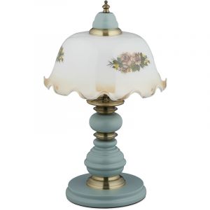 Relaxdays Lampe de table, motif vintage fleurs, style campagnard, E27, en bois, en verre 44 x 27 cm, blanc/gris