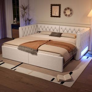Lit gigogne 180x200cm extensible avec LED structure MDF rembourr&eacute; tissu lin beige (Sans matelas)