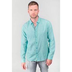 Le Temps des Cerises Chemise lin et coton avec manches longues et col français turquoise