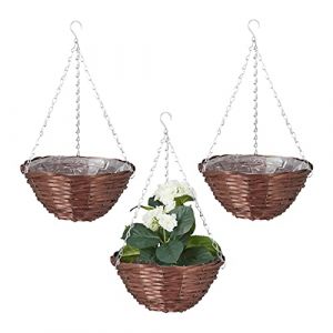 Image de Relaxdays Suspension pour plantes, lot de 3, diamètre de 30 cm, film d'intérieur à planter, fleurs, osier et fer, brun