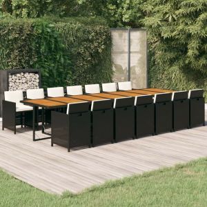 VidaXL Ensemble &agrave; d&icirc;ner de jardin coussins 15 pcs Noir R&eacute;sine tress&eacute;e Noir et blanc cr&egrave;me